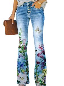 Damen dehnbare Unterteile Sommerknöpfe Jeans lässige Blumendruck lange Hosen,Farbe:17,Größe:S