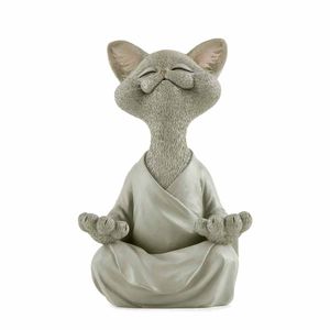 Buddha Katze Statue Meditation Yoga Sammlerstück Geschenk für Katzenliebhaber, Meditationsdekoration, Grau, 18 cm