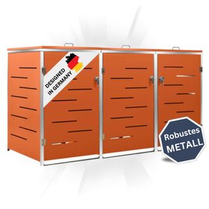 DELUKE® 3er Mülltonnenbox JAGU Edelstahl | Orange | 115x207x77,5cm | Mülltonnenverkleidung für 3 Tonnen 240L Müllbox aus Metall Mülltonnenschutz Mülltonnendach