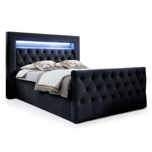 Kontinentalbett mit Bettkästen 140x200 Valera Lux - Samtstoff, Kopfteil mit LED-Beleuchtung, Hauptmatratze von hochelastischer Schaum - Dunkelblau (Slow Motion 79)