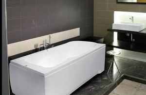 ECOLAM Badewanne Wanne Rechteck Majka Design Acryl weiß 160x70 cm + Schürze Ablaufgarnitur Ab- und Überlauf Automatik Füße Silikon Komplett-Set Wanne