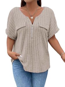 Damen Blusen Reißverschluss Sommer T-Shirt Losen Gerippten Pullover Lässig Oberteile Aprikose,Größe XXL