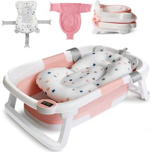 Baby Badewanne Faltbare Babybadewanne mit Thermometer, Klappbare Tragbare Neugeborenen kinderbadewannen für Babys von 0-36 Monaten, Rosa