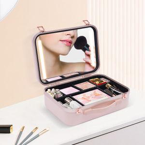 Kosmetická krabička Make Up Organizér Přenosný úložný kosmetický kufřík Šperkovnice se světlem a zrcadlem Růžová