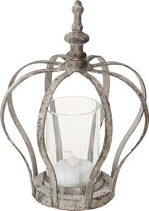 Vintage lampion korona tealight szklana metalowa dekoracja szary