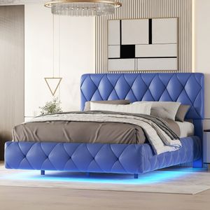 okwish Polsterbett Doppelbett 140 x 200 cm mit Argyle-Muster, Doppelschwebebett mit Lichtleiste, schlicht und bequem, Blau-Ohne Matratze