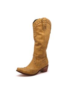 Stiefel Frauen Ziehen Winterschuhe Casual Square Toe Cowgirl Boots Retro Rivet Booties An,Farbe:Gelb,Größe:38