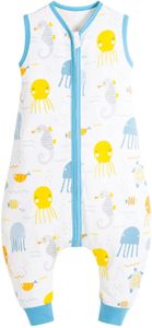 Baby Schlafsäcke Sommer ärmelloser Reißverschluss mit Füßen 0.5 Tog Baumwolle Sommerschlafsack mit Beinen Babyschlafsäcke für Mädchen und Jungen (Meeresqualle, 90-105 cm)