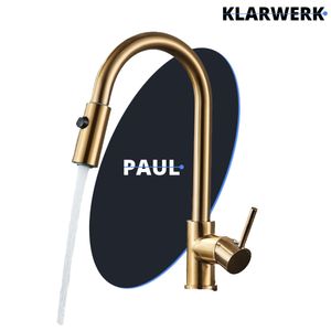 Paul | Premium Gold gebürstet ausziehbare Niederdruck Armatur |Edelstahl Wasserhahn Küche | Mischbatterie - 360 Grad drehbar | Boiler 3 Anschlüsse