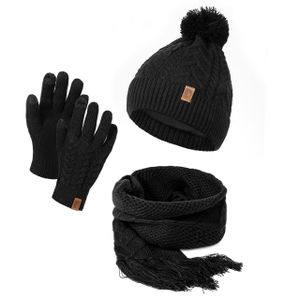 Damen Mütze Schal Winter Set | Gefütterte Strickmütze mit Bommel | Winterschal mit Fransen | Touchscreen Handschuhe Schwarz