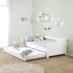 Homestyle4u 1420, Tagesbett Ausziehbett 90x200cm, Weiß Holzbett Kiefer massiv Einzelbett Bettgestell mit Lattenrost