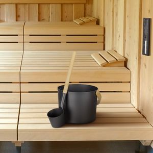 Navaris Aluminium Saunakübel mit Kelle und Sanduhr - Metall Sauna Kübel - Aufgusseimer Set 3tlg. Saunaeimer - leichter Eimer mit Bambus Griff -