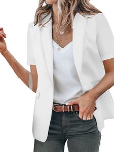 Damen Blazer Kurzarm Business Büro Jacke Casual Anzugjacke Cardigan Knopf Oberteile Weiß,Größe  L
