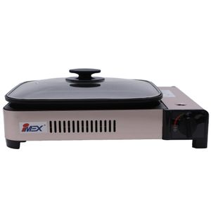 Plynový vařič a plynový gril IMEX 2 v 1, grilovací deska, pánev, skleněné víko a kufr Plynový vařič a plynový gril IMEX 2 v 1, grilovací deska, pánev, skleněné víko a kufr