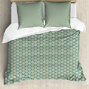ABAKUHAUS Damast Bettbezug Set für Einzelbetten, Floral Triangular Mosaik-Kunst, Milbensicher Allergiker geeignet mit Kissenbezug, 200 cm x 200 cm - 80 x 80 cm, Blasse Pfirsich und Pale Teal