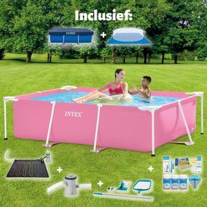 Intex-Schwimmbecken mit rechteckigem Rahmen – 220 x 150 x 60 cm – Rosa – im Lieferumfang enthalten Abdeckung - Bodenplane - Filterpumpe für Schwimmbad - Solarmatte - Wartungspaket - Reinigungskit