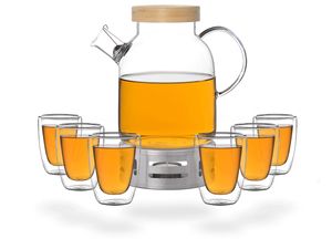 Kira Teeset / Teeservice / Teekanne Glas 1,6 liter mit Tüllensieb, Bambusdeckel, Stövchen und 6 doppelwandige Teegläser je 200ml