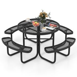 COSTWAY Sitzgarnitur für 8 Personen, Picknicktisch mit Schirmloch & 4 Bänken, runder Gartentisch Metall, Gartenmöbel, Sitzgruppe, Schwarz