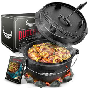 BBQ Dutch Oven Set [7L] – Eingebrannter Feuertopf aus Gusseisen mit Füßen & Deckel – mit Spiralgriff für optimalen Halt – inkl. Deckelheber