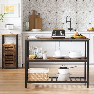 VASAGLE Küchenregal mit 3 Regalablagen 120 x 60 x 90 cm, Kücheninsel mit großer Arbeitsplatte, Esstisch einfacher Aufbau vintagebraun-schwarz KKI01BX