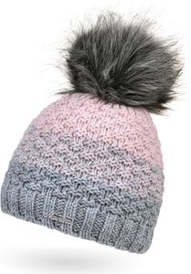 Damen Strick-Mütze gefüttert Fleece-Innenfutter Fell-Bommel Kunstfell Winter-Mütze Bommelmütze Grobstrick mehrfarbig Neverless® grau-rosa