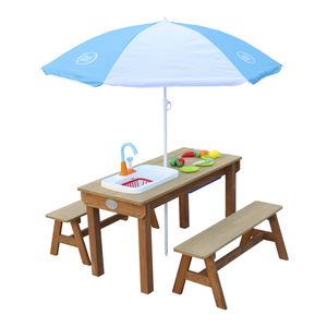 AXI Dennis Kinder Sand & Wasser Picknicktisch aus Holz | Wasserspieltisch & Sandtisch mit Bänken, Deckel, Behältern & Spüle | Kindertisch / Matschtisch in Braun mit Sonnenschirm für den Garten