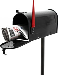 Wiltec Set US Mailbox schwarz 180 x 220 x 480 mm, amerikanischer Briefkasten mit Fahne, Standbriefkasten Stahl amerikanisches Design mit passendem Standfuß