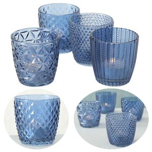 LS-LebenStil 4´er Set Glas Teelichthalter Retro Blau 7cm Teelichtglas Windlicht-Halter