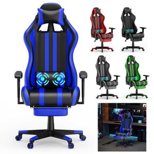 LZQ Massage Gaming Stuhl Bürostuhl Ergonomisch Schreibtischstuhl mit verstellbare Lendenkissen, Fußstütze und Kopfkissen 130 kg Belastbarkeit, Blau