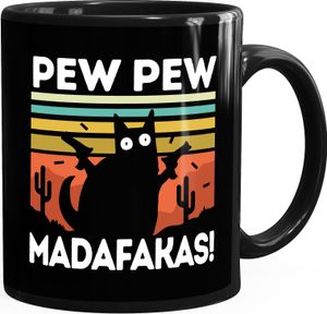 Kaffee-Tasse mit Spruch Pew Pew Madafakas! schwarze Katze Spruch Meme lustig Bürotasse lustige Kaffeebecher MoonWorks® schwarz Keramik-Tasse