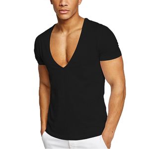 Einfarbiges Herrenhemd Mit Tiefem V-Ausschnitt Aus Baumwolle, Lässiges Kurzarm-T-Shirt,Farbe: Schwarz,Größe:M