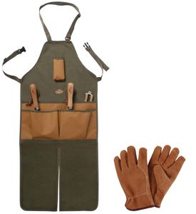 Esschert Design Set: Lange Gartenschürze mit Taschen, inklusive Gartenhandschuhe, Lederhandschuhe, Länge