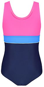 Aquarti Mädchen Badeanzug mit Ringerrücken, Farbe: 025 Dunkelblau / Blau / Pink, Größe: 164