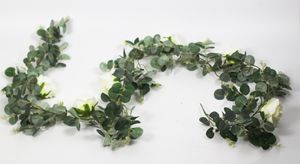 Blumengirlande Eucalyptus mit weißen Rosen 180 cm Kunstpflanze Girlande Dekogirlande künstliche Pflanze