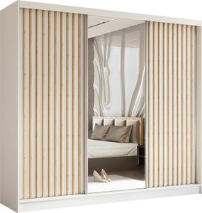 BEAUTYSOFA Schrank mit Lamellen HELIX 240cm - Kleiderschrank im modernes Stil Garderobe mit Schwebetüren & Spiegel (Weiß + Artisan)