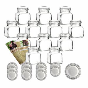 gouveo Einmachgläser 120 ml eckig Schraubverschluss - Vorratsglas mit Deckel, Deckelfarbe:Silber, Setgröße:12er Set