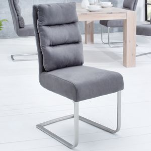 Design Freischwinger Stuhl COMFORT vintage grau Esszimmerstuhl Flachstahl aus gebürstetem Edelstahl Stuhl