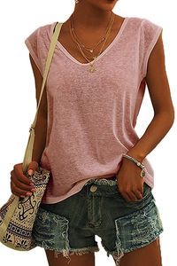 ASKSA Damen V-Ausschnitt Flügelärmeln T-Shirt Sommer Einfarbig Tank Top Basic Hemd Tee Tops, Rosa, XL