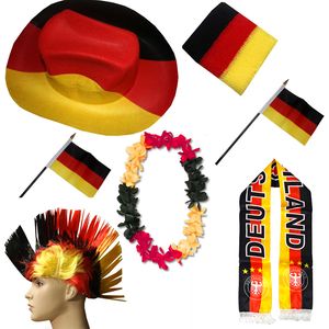 Fan-Paket "Deutschland" Germany WM EM Fußball Schal Hawaiikette Hut Schweissband Fahne Perücke