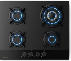 Klarstein Goldflame Nano plynová varná doska, 4 mosadzné horáky, 60 cm sklo, 8 kW, Wok horák, nano povlak, ochrana proti zlyhaniu plameňa, automatické zapaľovanie, prestaviteľná na NG/LPG, plynová kuchynská doska