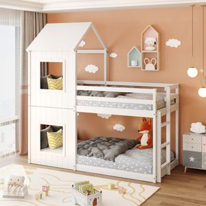 Flieks Podkrovná poschodová posteľ 90x200 cm s lamelovým rámom a rebríkom, detská posteľ Dom Detská posteľ Borovicová posteľ z masívu pre 2 deti poschodová posteľ, bez matraca, biela