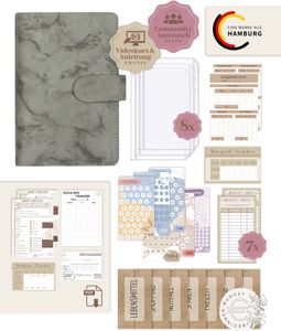 BeginnerBudget® Budget Planner Deutsch A6 Marmor-Style (Grau) - Starterset Sparchallenge Budgetplaner, Sparen mit Umschlagmethode Ringbuch + Anleitung