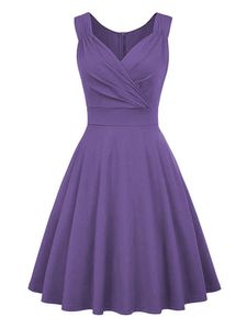 Damen Einfarbig Minikleider V-Ausschnitt Party Kurzes Kleid Hochzeit Falten Ballkleid Violett,Größe M