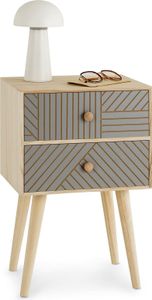 Nachttisch PELO mit 2 Schubladen natur/grau - Nachtkasten mit Ziernuten im Boho Stil, Nachtkommode aus Paulownia-Holz