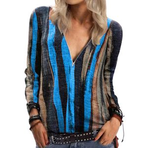 Herbst Frauen Langarm Langschluss Reißverschluss Ausschnitt Vertikale Streifen Tie Dye Bluse T-Shirt