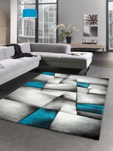Moderner Teppich Kurzflor Wohnzimmerteppich karo abstrakt grau schwarz weiss türkis Größe - 120x170 cm