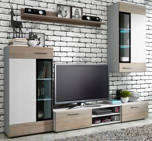 BroMARKT Wohnzimmer-Set mit TV-Lowboard und 2 Glasvitrine "Samba", Weiß und Sonoma Eiche