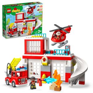 LEGO 10970 DUPLO Feuerwehrwache mit Hubschrauber, Feuerwehr-Spielzeug für Kleinkinder ab 2 Jahre mit Feuerwehrauto, Bau-Steine für Mädchen und Jungen