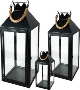 3er Laternen mit Seilgriffen Set Schwarz 25/40/51cm
