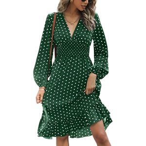 Damen Blusenkleider Eine Linie Kleider V-Ausschnitt Langarm Kleider Elegantes Herbstkleid Grün,Größe:EU